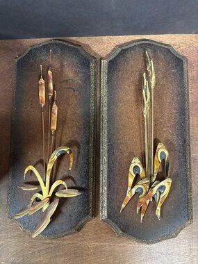 Vintage Wall Wood Plaques with Abstract Floral Metal Design